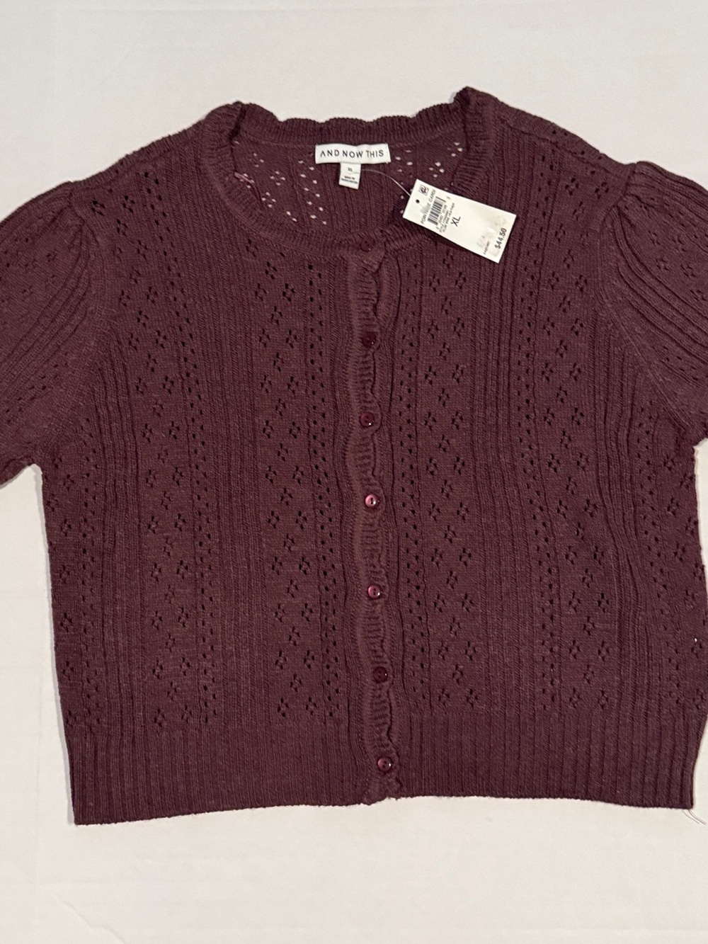 And Now This Short Sleeve Pointelle Cardigan - Plum Light Academia Feminine